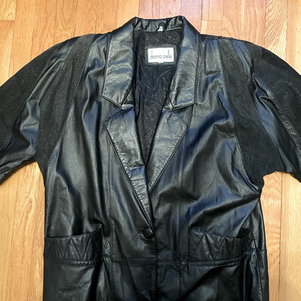 Vintage 1980s Long Black Leather Coat Animal Print Donna Pelle Size Large